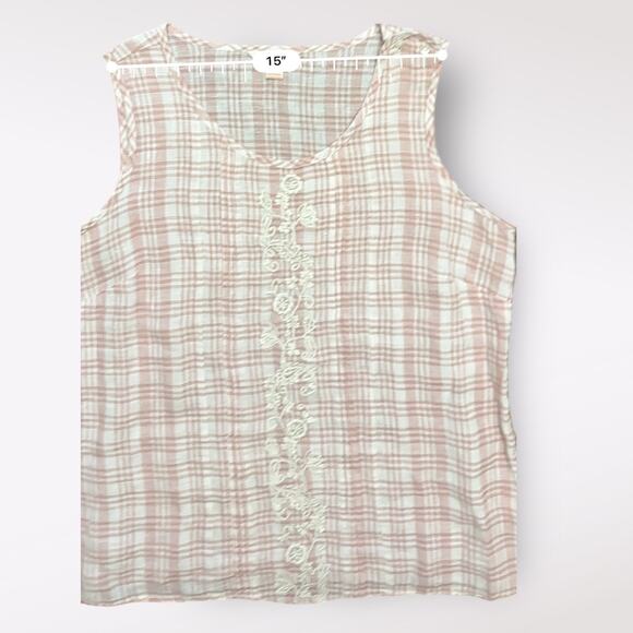 April Cornell Linen Tank L Pink White Plaid Sleeveless Boho Cottagecore - Picture 5 of 7